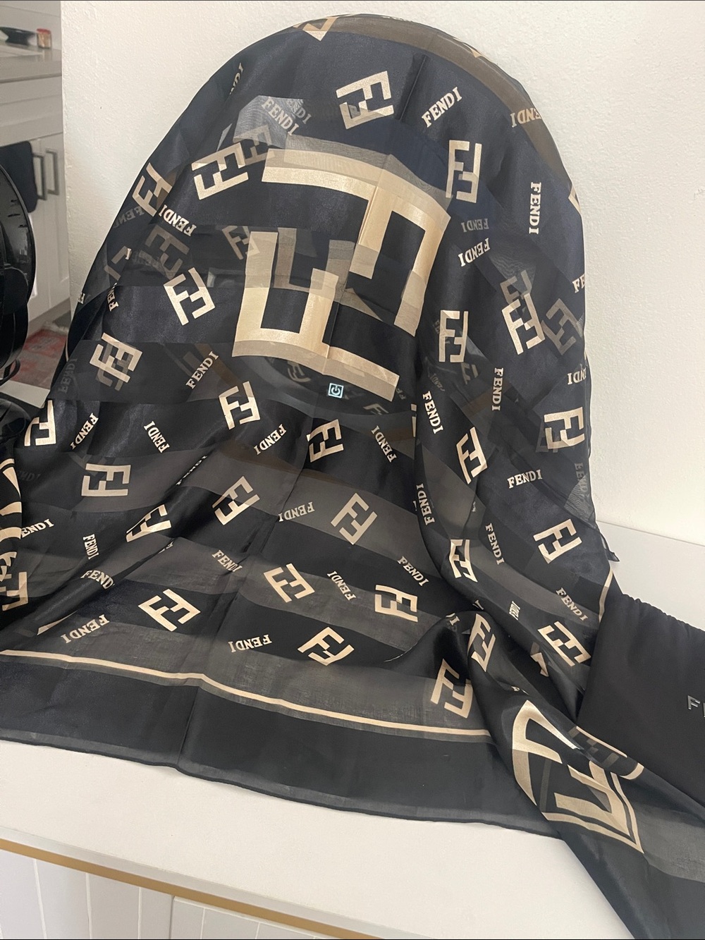 Fendi Black and Beige FF Logo Silk Scarf